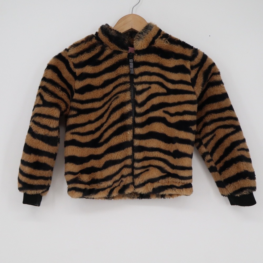 Art Class Girls Tiger Print Faux Fur Bomber Jacket Brown Black Zip Up S 6/6X